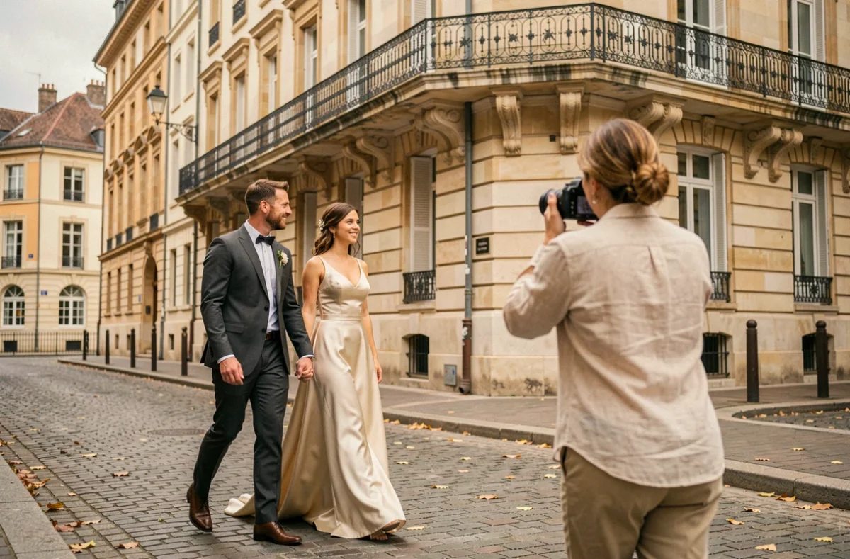 Couple de mariés photographié dans les rues historiques de Dijon par un photographe professionnel