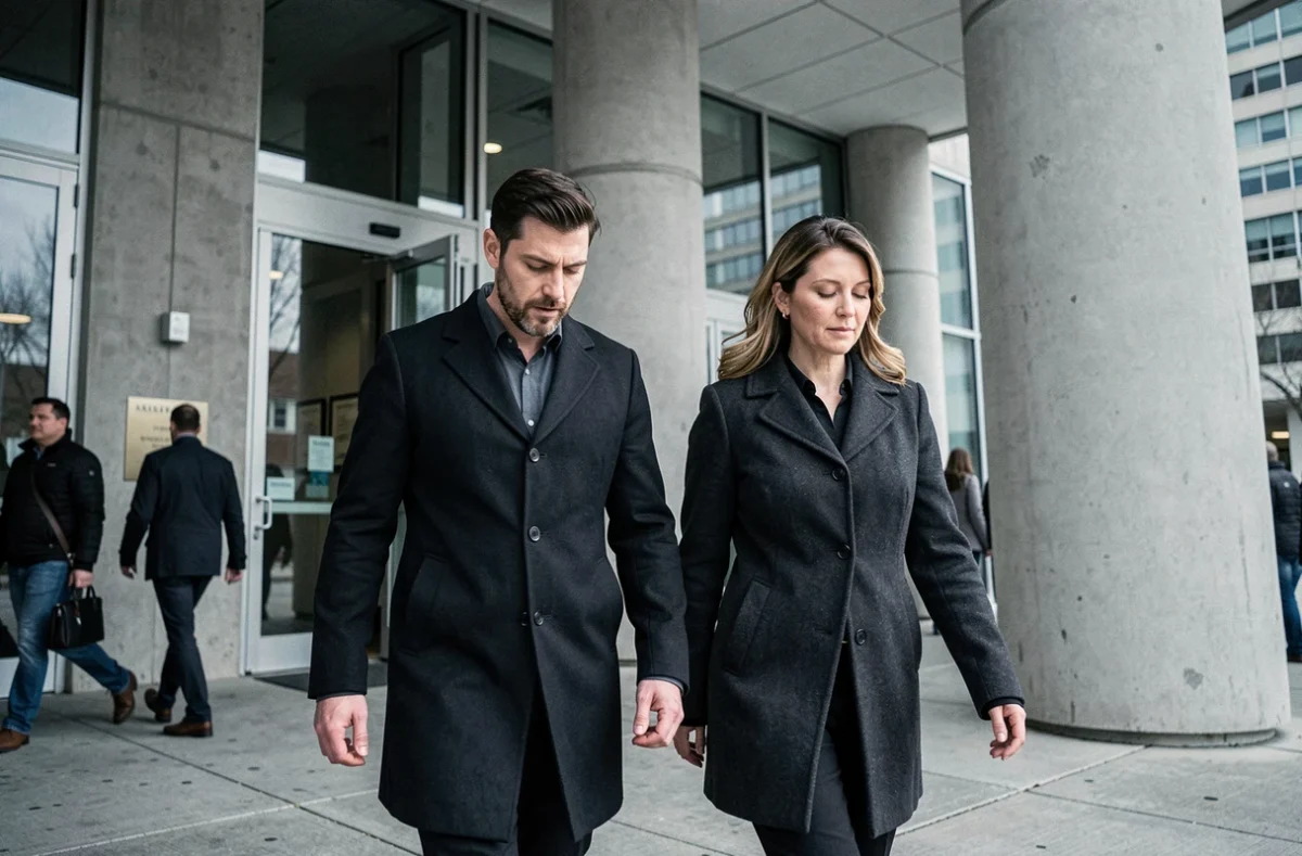 Couple controversé traversant l'entrée d'un bâtiment officiel sous le regard du public