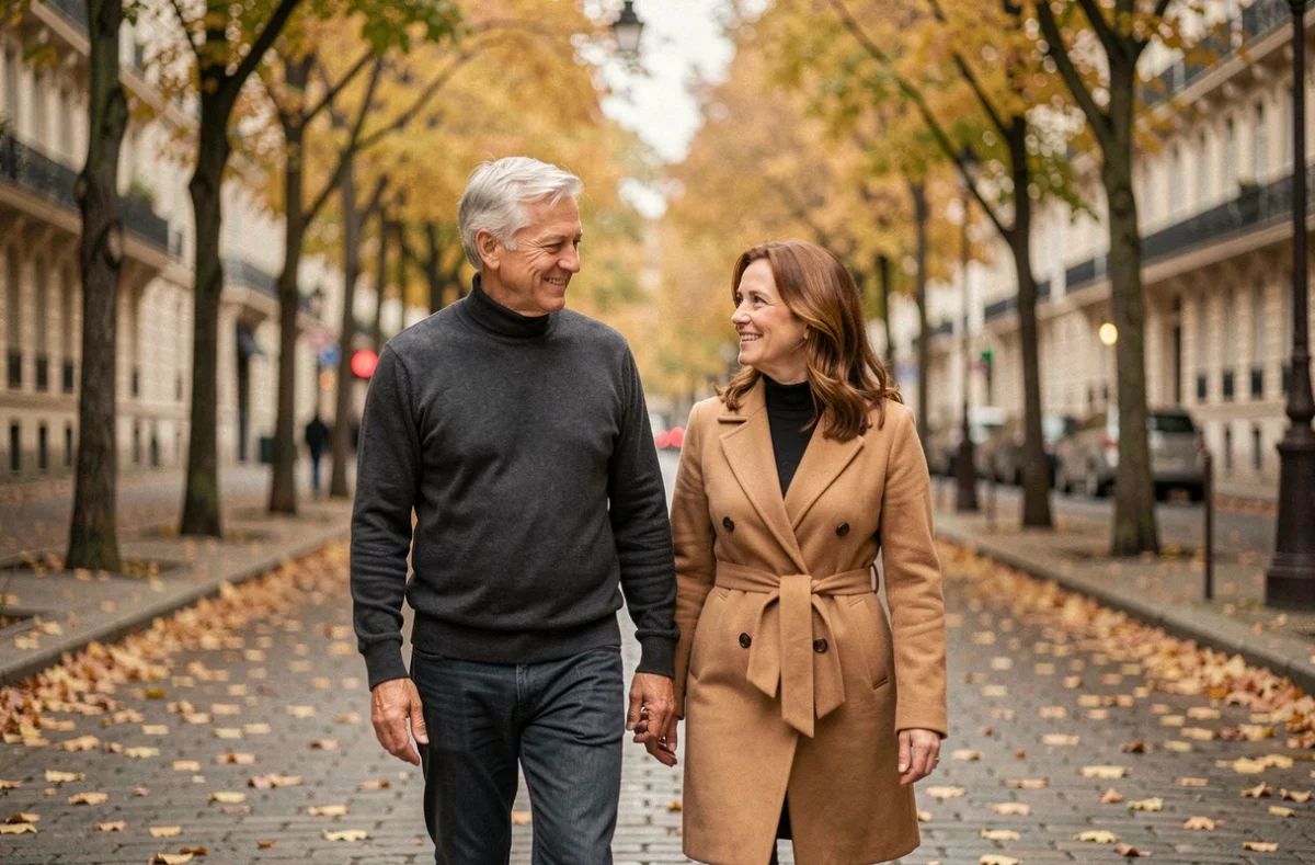 Couple élégant d'âge mûr se promenant sur un boulevard parisien en automne, illustrant la vie de couple et la complicité amoureuse