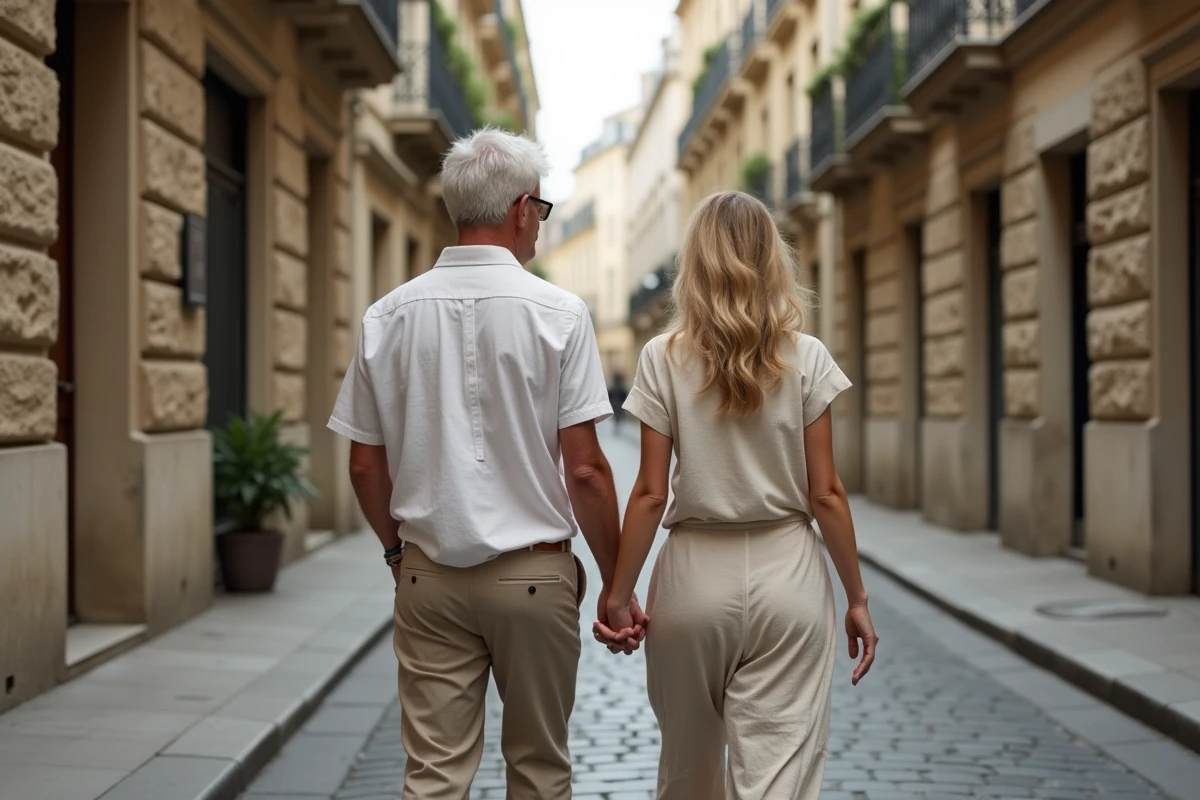 Couple se promenant dans une rue pavée parisienne illustrant la discrétion et la vie personnelle d'une célébrité