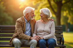 Couple senior assis sur un banc ensoleille dans un parc
