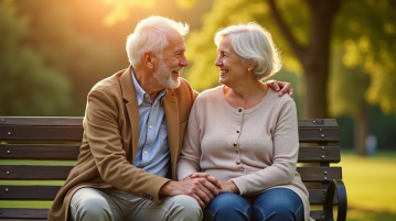 Couple senior assis sur un banc ensoleille dans un parc