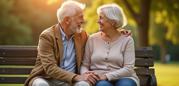 Couple senior assis sur un banc ensoleille dans un parc