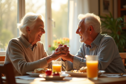 Couple senior riant au petit déjeuner lumineux