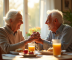 Couple senior riant au petit déjeuner lumineux