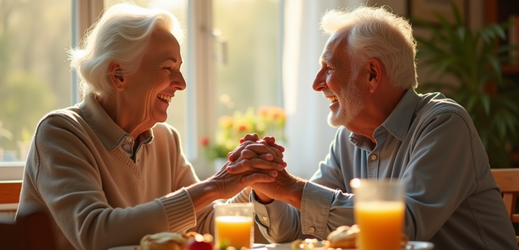 Couple senior riant au petit déjeuner lumineux
