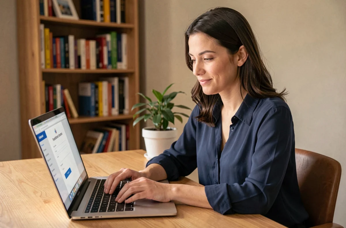 Femme créant un compte utilisateur sur educcartable depuis son ordinateur portable dans un bureau à domicile