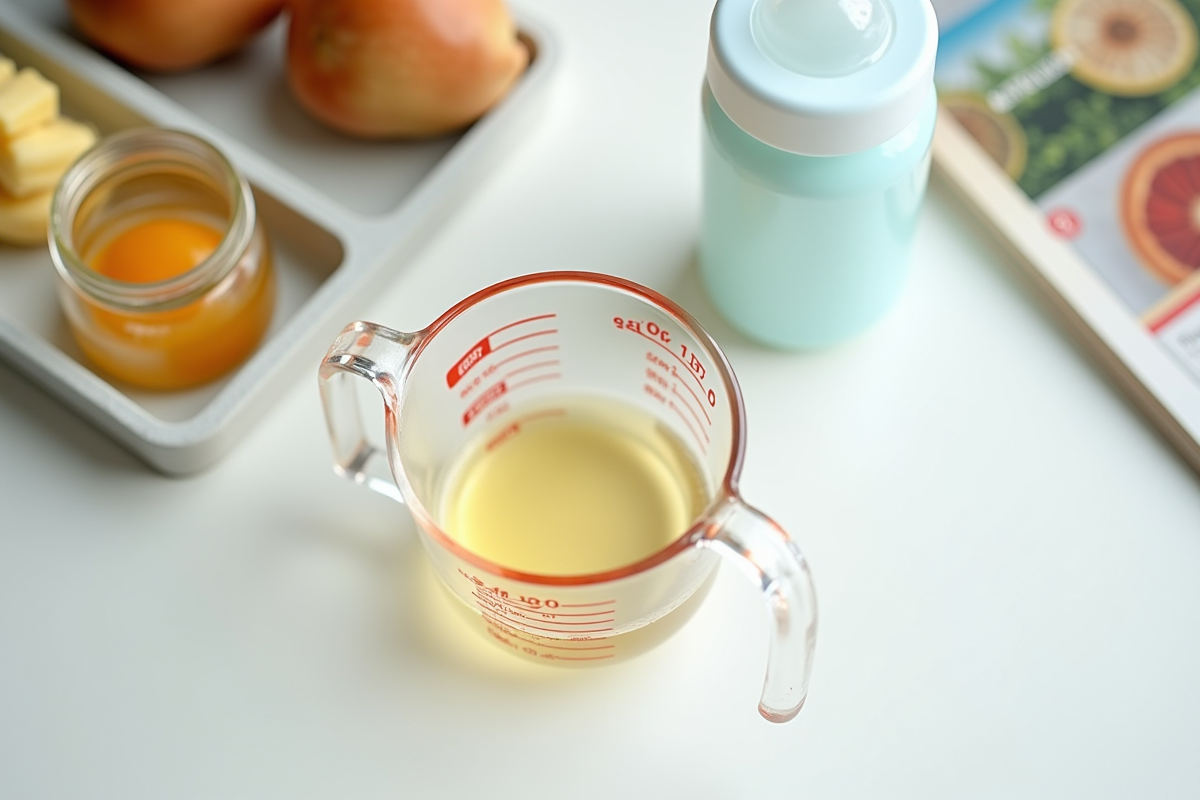 Verre doseur rempli de 250 cl à côté du biberon bébé