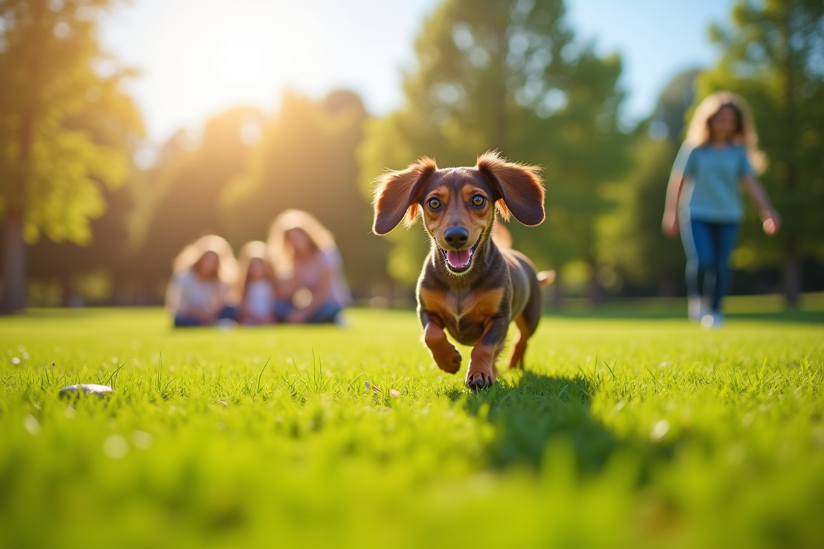 Dachshund merle courant dans un parc ensoleille avec famille