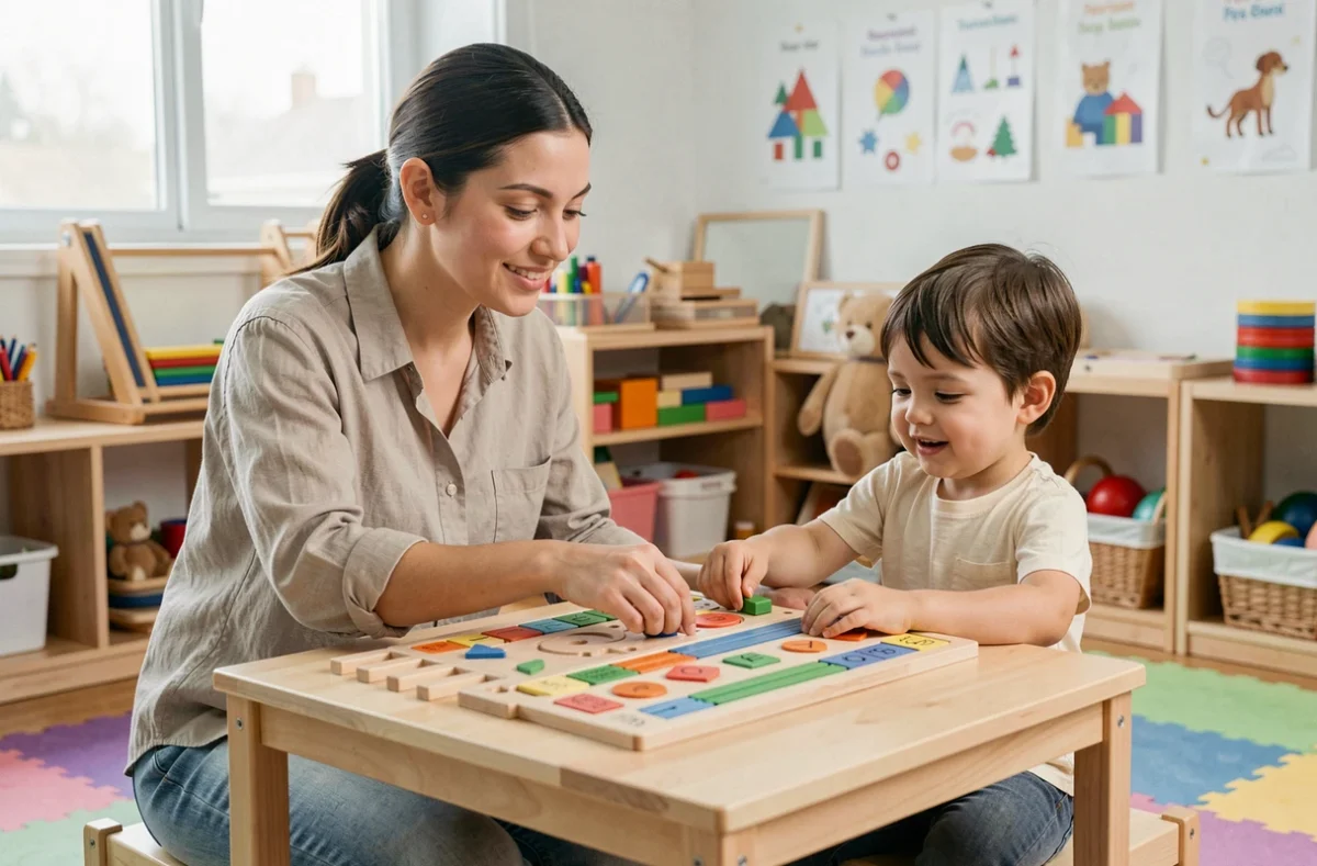 Baby-sitter éducative Déclic Eveil guidant un enfant dans une activité d'éveil à Lille