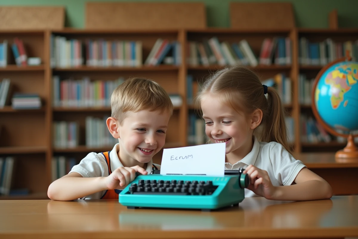 Deux enfants découvrant ensemble une machine à écrire portable turquoise rétro dans une bibliothèque scolaire en bois