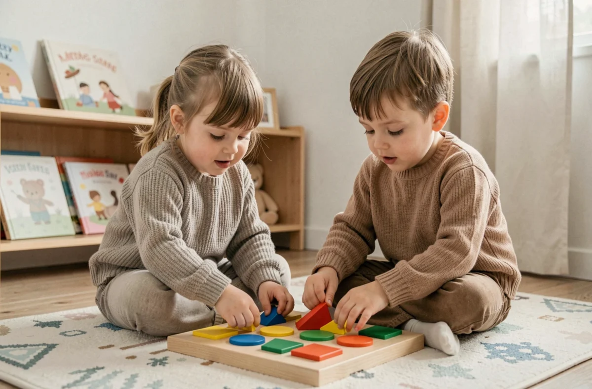 Deux tout-petits jouant ensemble avec un puzzle de formes colorées en bois dans une chambre d'enfant minimaliste
