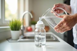 Mains d'un parent versant de l'eau dans un biberon bébé