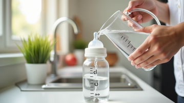 Mains d'un parent versant de l'eau dans un biberon bébé