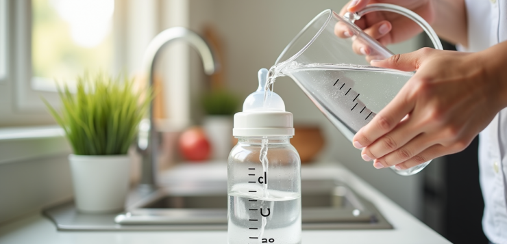 Mains d'un parent versant de l'eau dans un biberon bébé