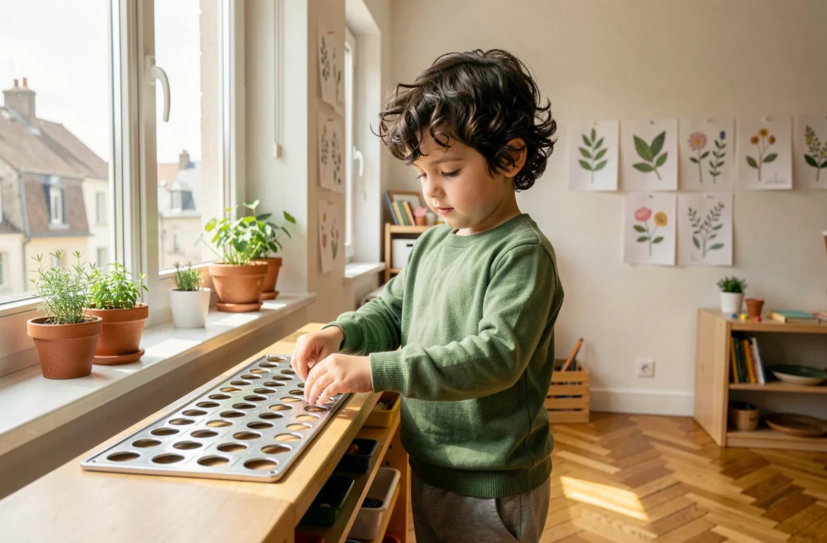 Jeune élève de l'École Montessori d'Amboise choisissant un encart métallique sur une étagère en bois dans une classe ensoleillée
