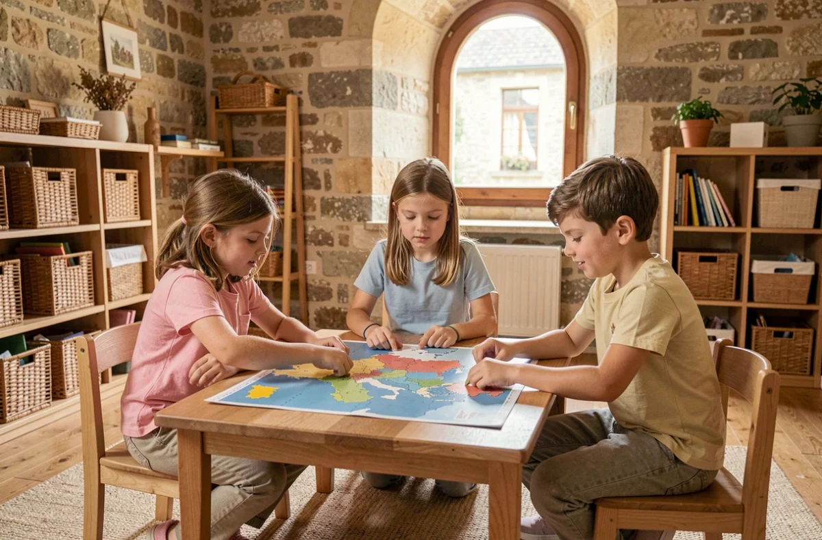 Groupe d'élèves de l'École Montessori de Blois travaillant ensemble sur un puzzle de la carte de France dans une salle aux murs en pierre