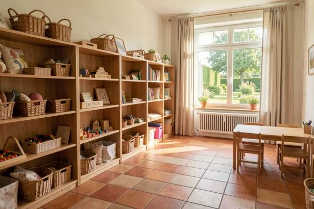 Salle de classe Montessori lumineuse avec matériaux pédagogiques en bois et grandes fenêtres donnant sur un jardin en Centre-Val de Loire