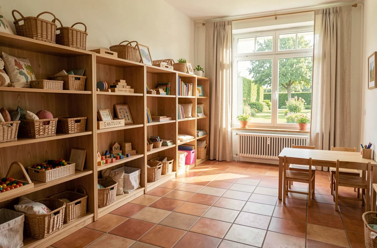 Salle de classe Montessori lumineuse avec matériaux pédagogiques en bois et grandes fenêtres donnant sur un jardin en Centre-Val de Loire