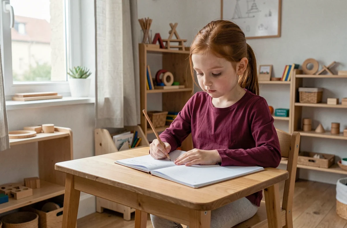 Élève de l'École Montessori de Chartres écrivant avec application dans un cahier ligné à son bureau en bois dans une classe épurée