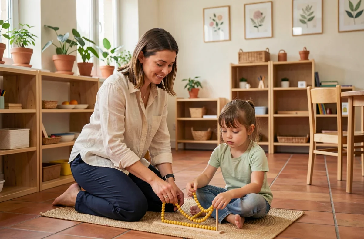 Éducatrice Montessori guidant une élève dans un exercice de mathématiques avec des perles dorées à l'École Montessori Internationale de Tours