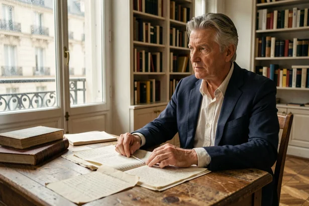 Écrivain élégant aux cheveux argentés assis à un bureau parisien entouré de manuscrits, évoquant l'univers littéraire d'Éric-Emmanuel Schmitt