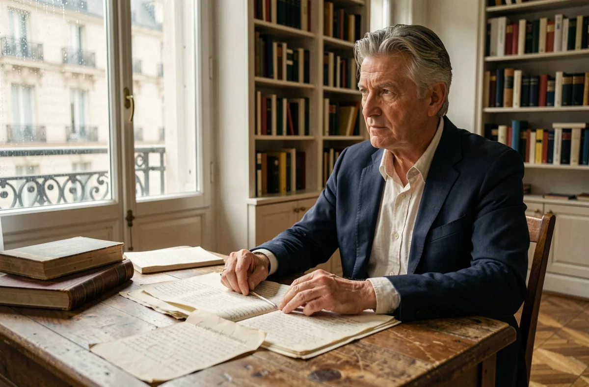 Écrivain élégant aux cheveux argentés assis à un bureau parisien entouré de manuscrits, évoquant l'univers littéraire d'Éric-Emmanuel Schmitt