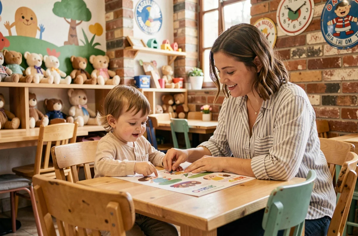 Intérieur coloré et ludique du restaurant Emilie and the Cool Kids à Mandelieu-la-Napoule, mère aidant son enfant à choisir son repas sur un menu illustré