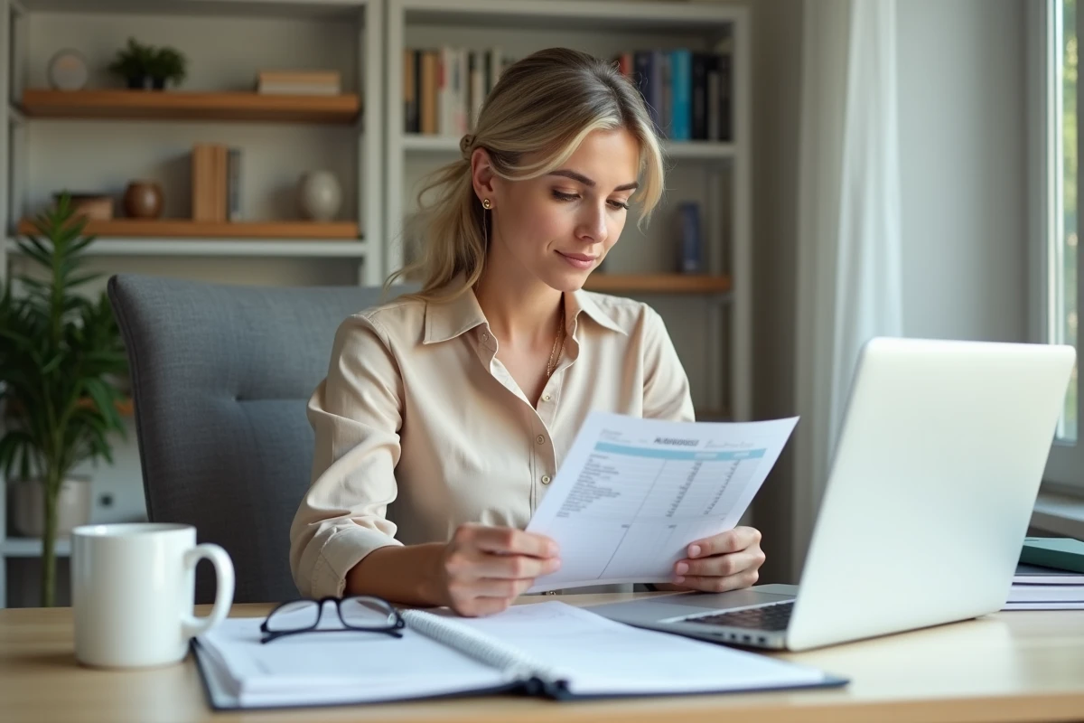 Femme employeuse vérifiant les documents de salaire d'une nounou sur un bureau à domicile, avec un ordinateur affichant un tableau de calcul des congés payés sur l'année complète