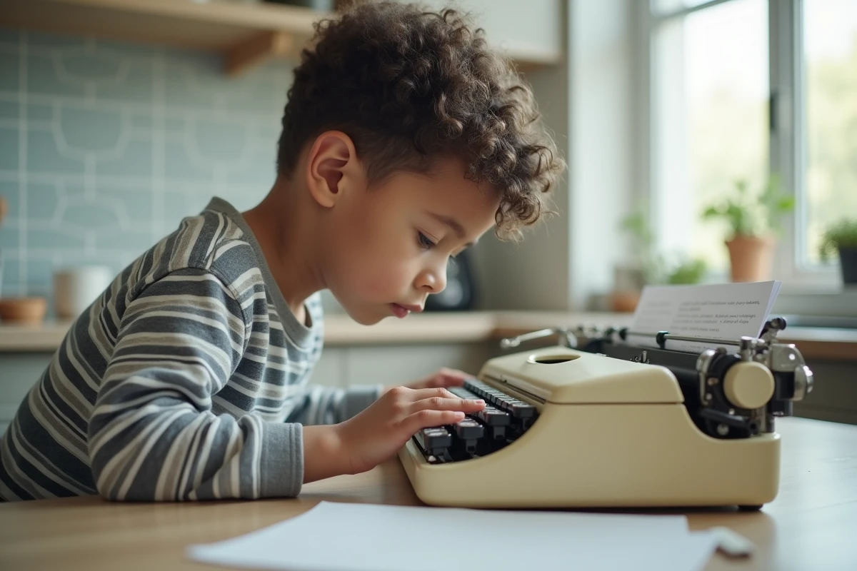 Jeune garçon concentré qui apprend la dactylographie sur une machine à écrire mécanique crème posée sur une table de cuisine