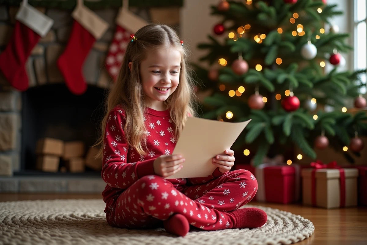 Petite fille en pyjama de Noël lisant avec émerveillement une lettre de réponse du Père Noël près du sapin décoré