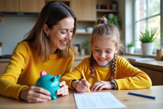 Fille souriante avec sa mère regardant une tirelire colorée