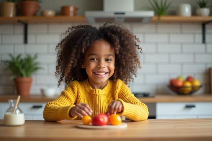 Fille de 7 ans préparant des kebabs de fruits dans une cuisine chaleureuse