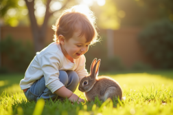 Jeune enfant riant en câlinant un petit lapin dans un jardin ensoleille