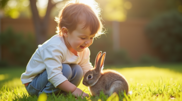 Jeune enfant riant en câlinant un petit lapin dans un jardin ensoleille