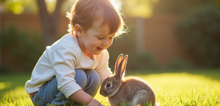 Jeune enfant riant en câlinant un petit lapin dans un jardin ensoleille
