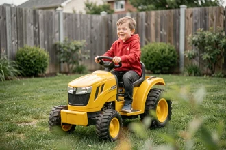 Enfant de 5 ans conduisant un tracteur électrique jouet jaune 12 volts dans un jardin verdoyant