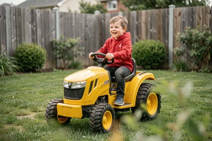 Enfant de 5 ans conduisant un tracteur électrique jouet jaune 12 volts dans un jardin verdoyant