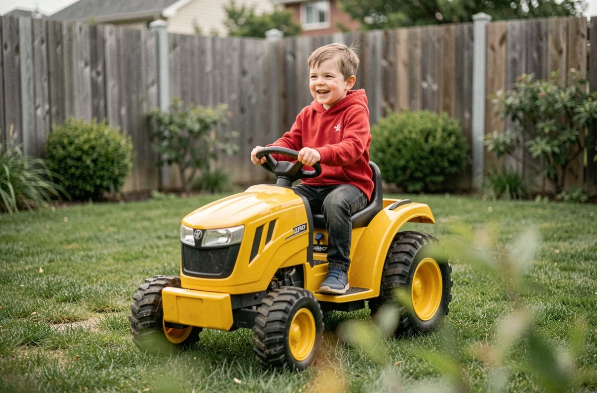 Enfant de 5 ans conduisant un tracteur électrique jouet jaune 12 volts dans un jardin verdoyant