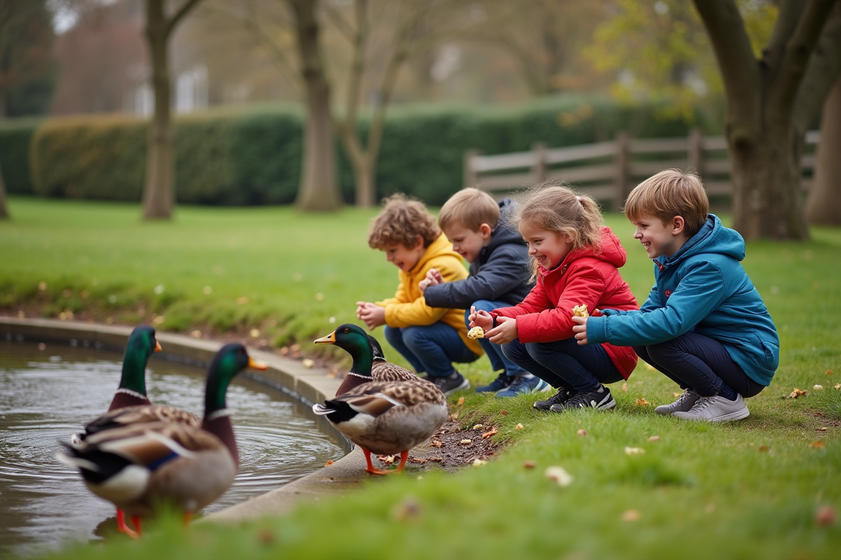 Enfants nourrissant des canards dans un parc verdoyant