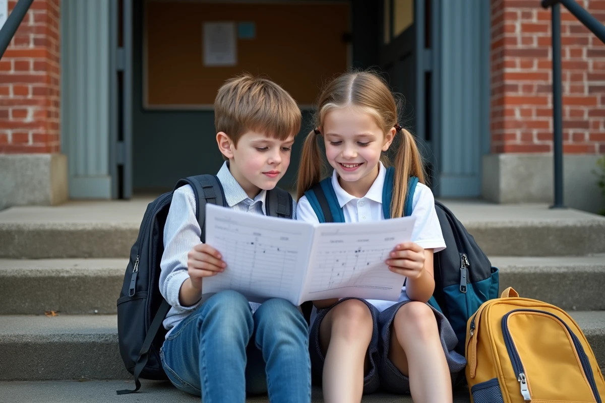 Deux enfants consultant ensemble le calendrier des vacances scolaires devant leur école