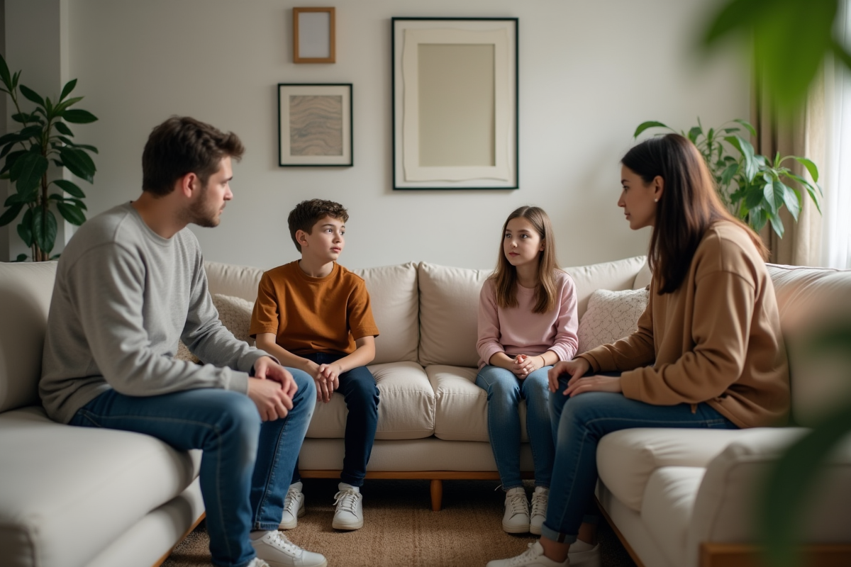 Frère et sœur discutant avec leurs parents dans le salon cosy