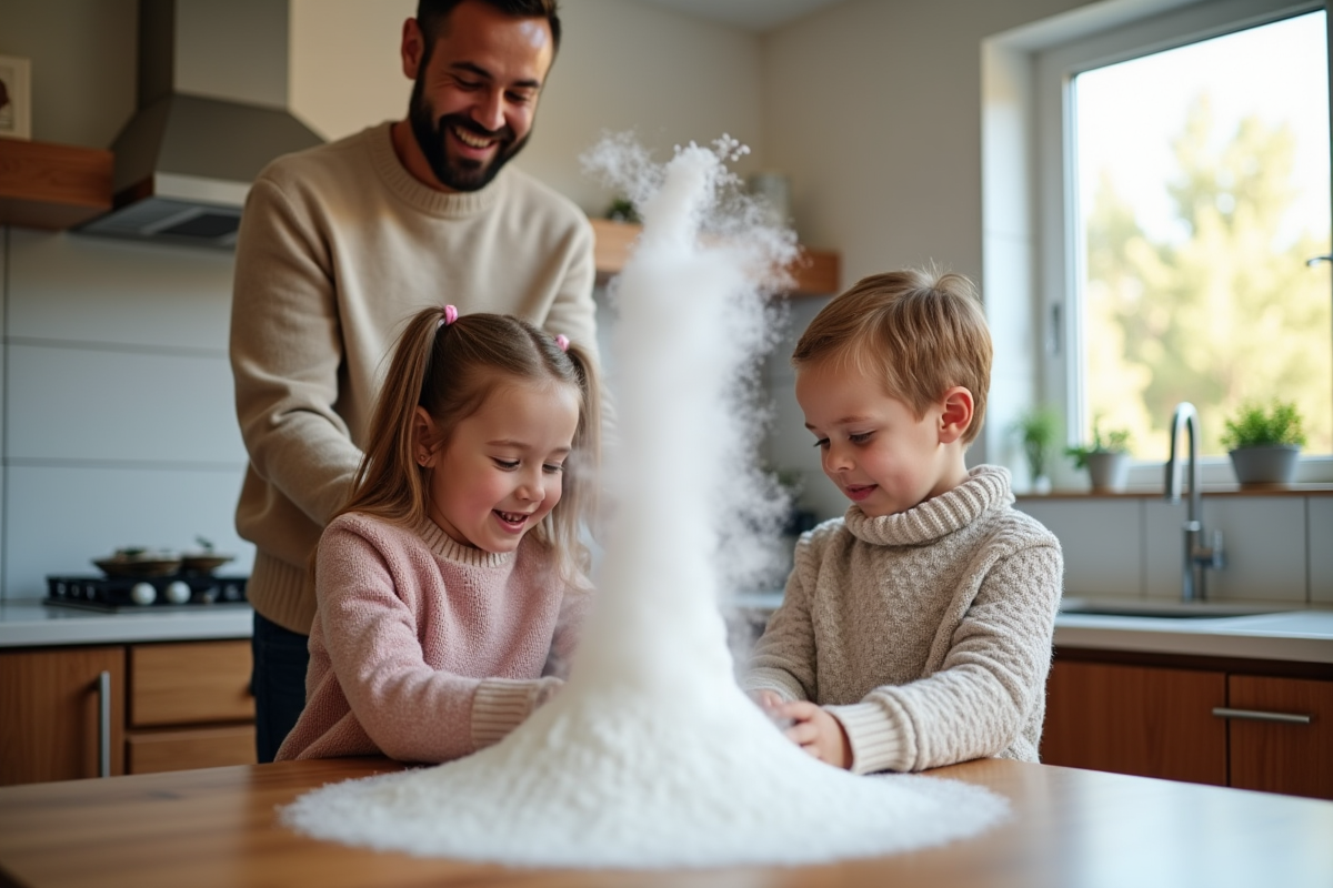 Enfants faisant une expérience de volcan avec du bicarbonate