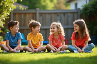 Groupe d'enfants jouant dans un jardin en été