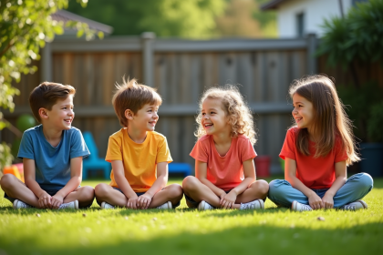 Groupe d'enfants jouant dans un jardin en été
