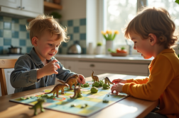 Deux enfants jouent à un jeu de société dinosaure à la cuisine