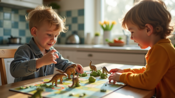 Deux enfants jouent à un jeu de société dinosaure à la cuisine