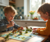 Deux enfants jouent à un jeu de société dinosaure à la cuisine