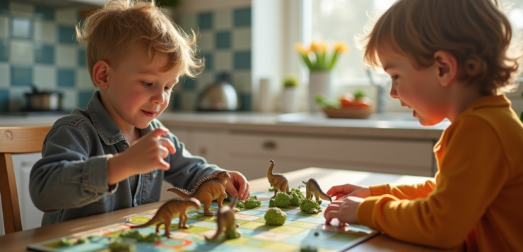 Deux enfants jouent à un jeu de société dinosaure à la cuisine
