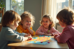 Trois enfants de trois ans jouent autour d'une table ensoleillée